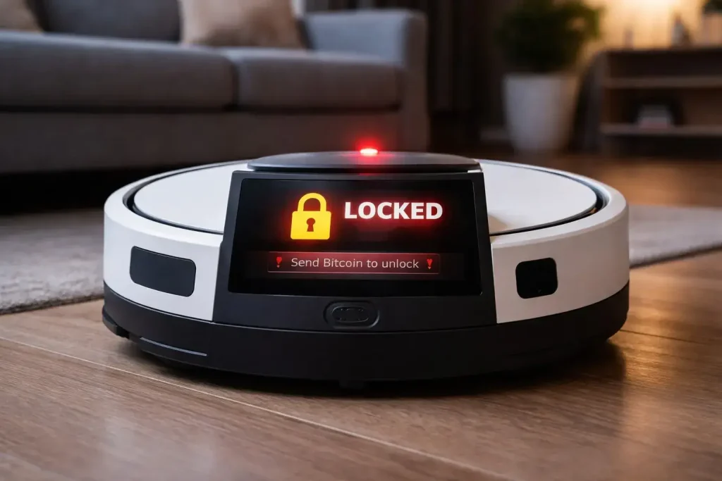 Home robot displaying a lock warning, illustrating ransomware risk in household robots