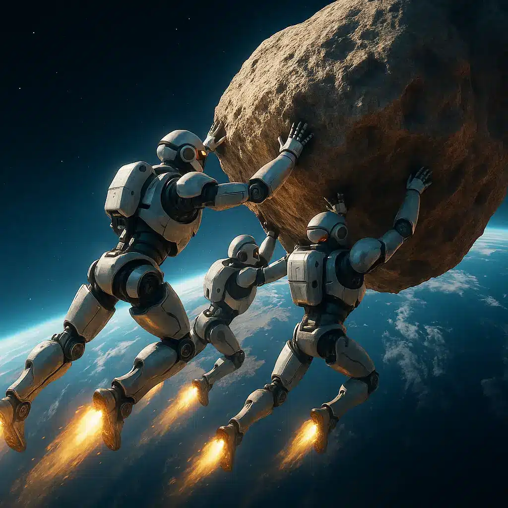 Humanoid robots saving Earth from an asteroid
